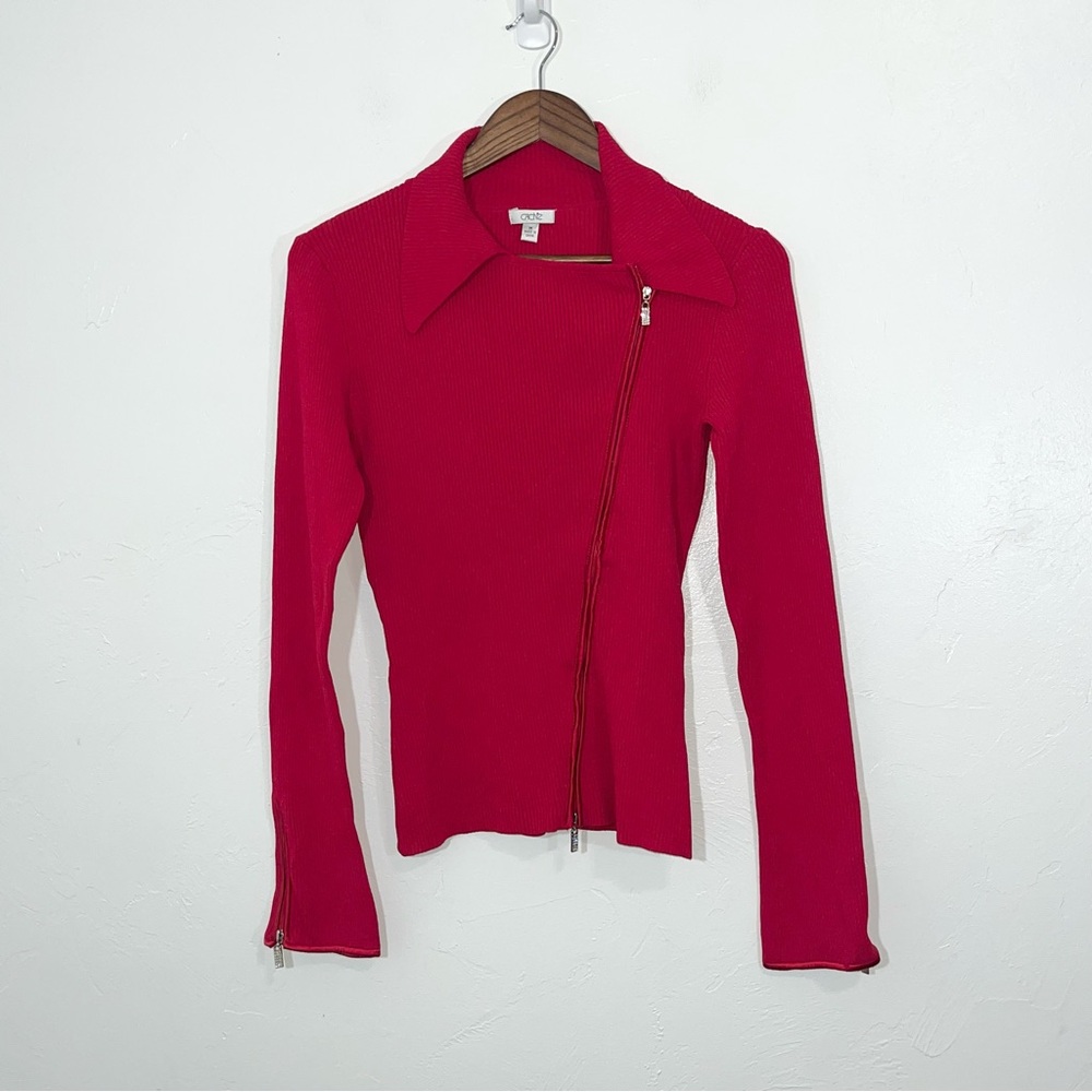 Cache Red Asymmetrical Zip Ribbed Knit Sweater - Picture 3 of 10